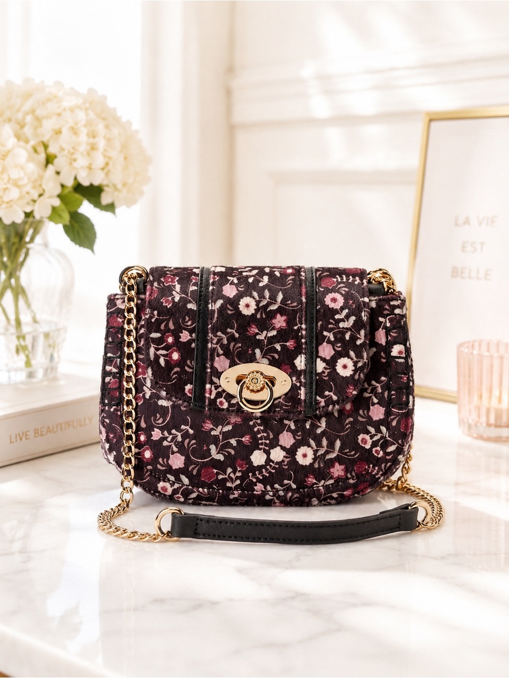 LC Lauren Conrad Floral Crossbody Bag Saddle Boho Wine Chain Strap NWT